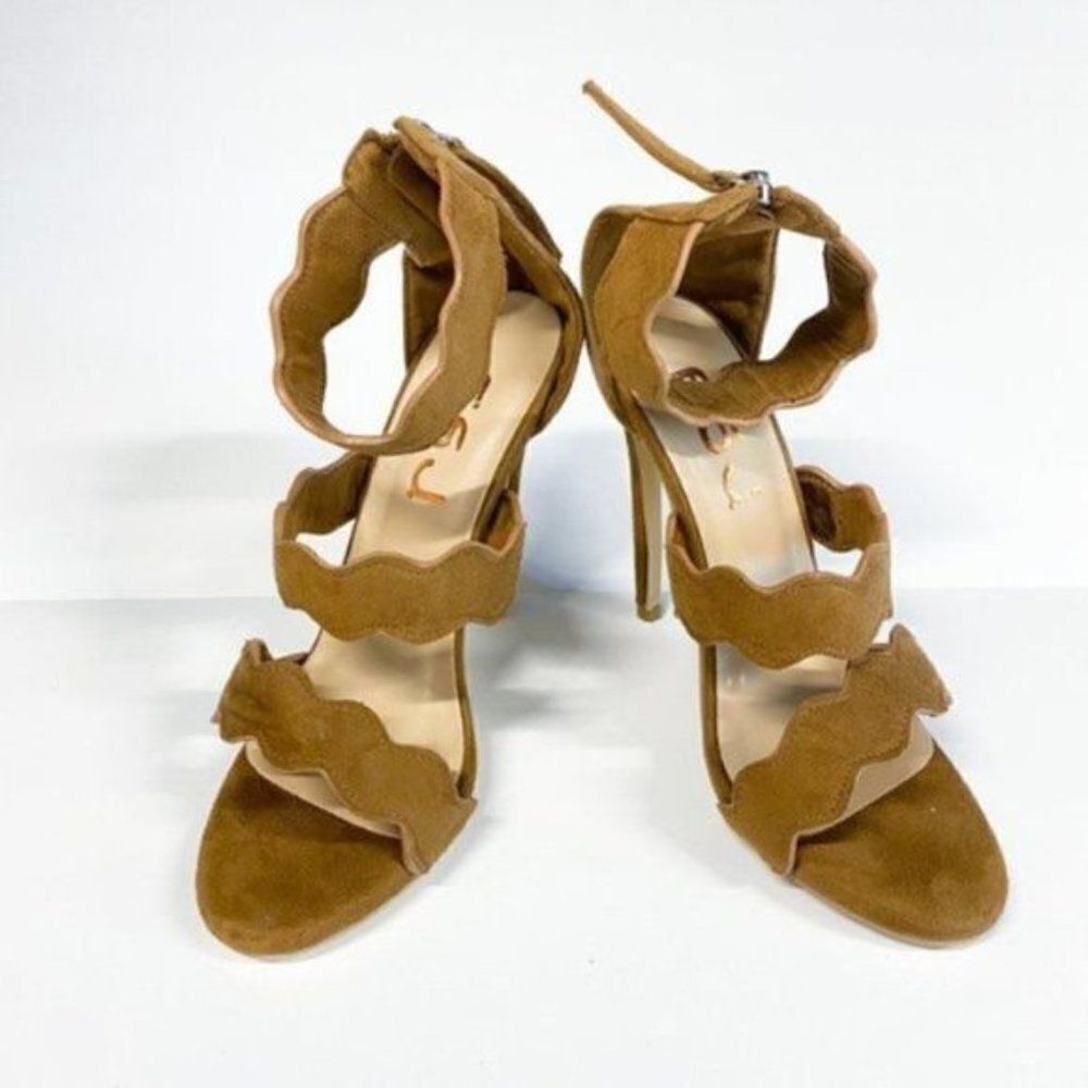 FSJ Brown Wavy Strap Suede High Heel Sandals